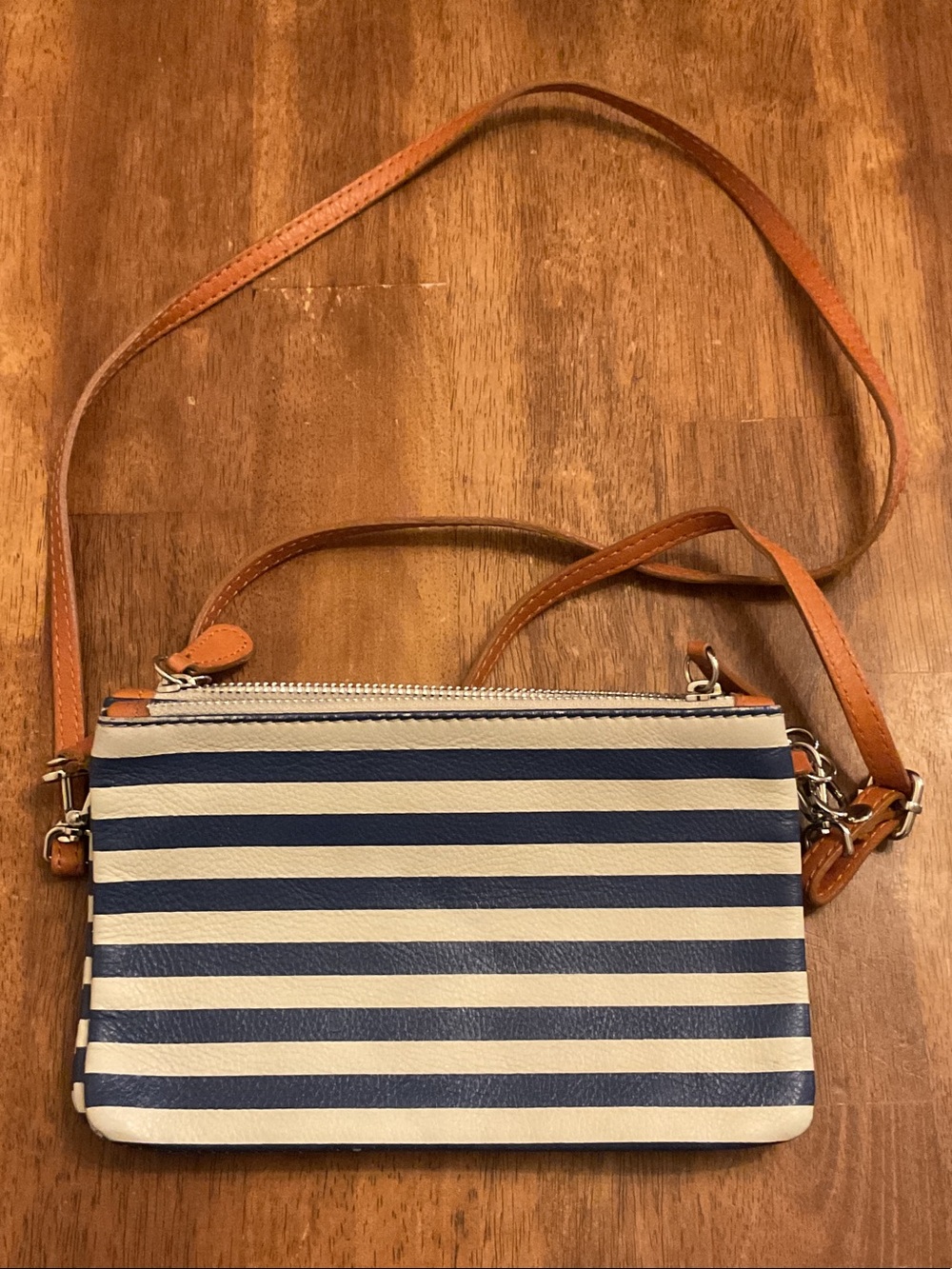 Navy and White Striped Crossbody Bag with Tan Strap